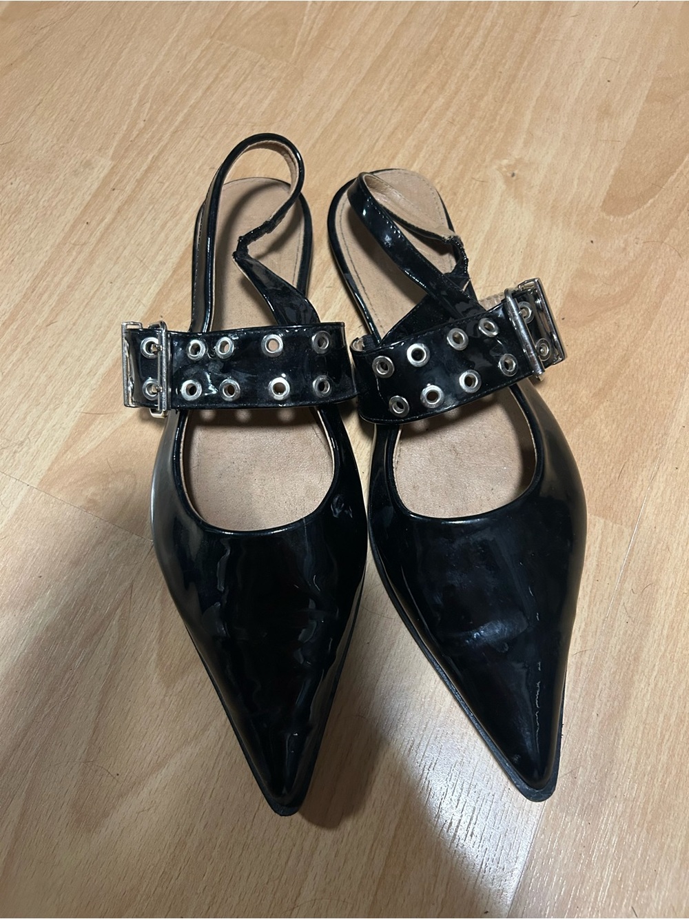 Black Patent Pointed-Toe Slingback Flats